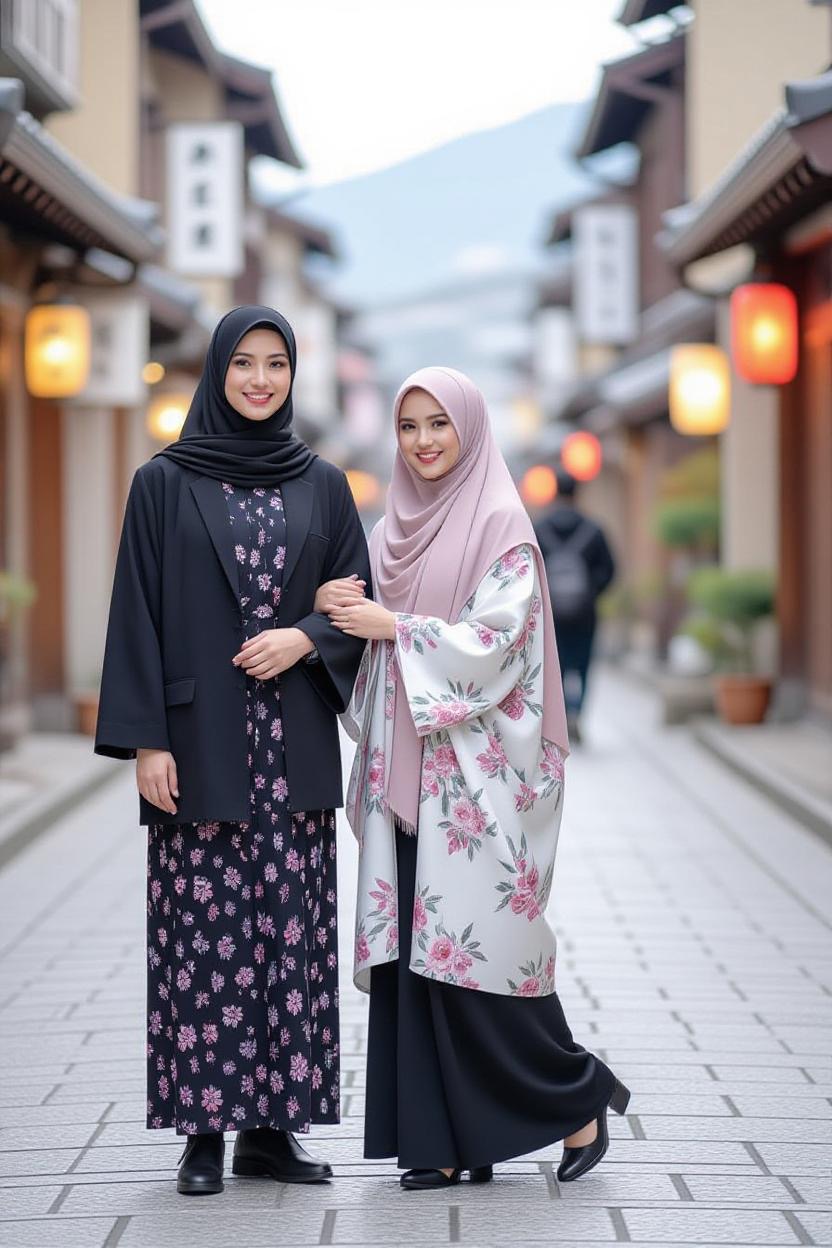 日本の街並みを歩くムスリムの女性