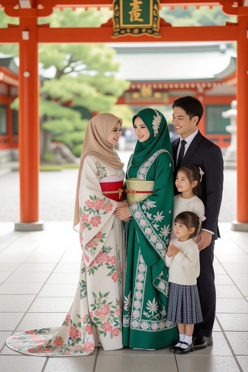 日本の神社を訪れるムスリムの家族